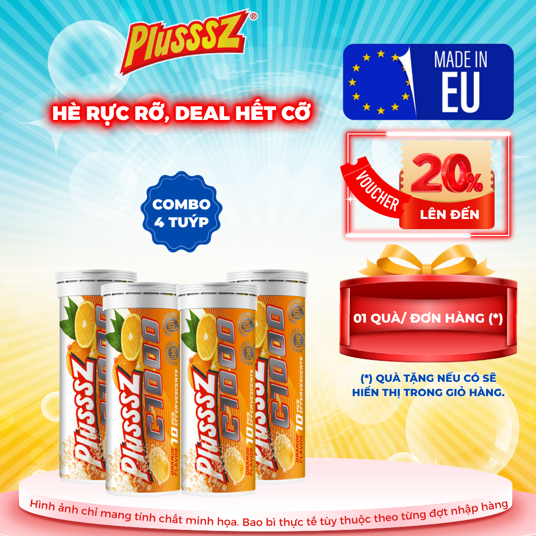 {COMBO 4 TUÝP X10 viên sủi 4g} PLUSSSZ C1000 vị cam không đường - Hàng nhập khẩu