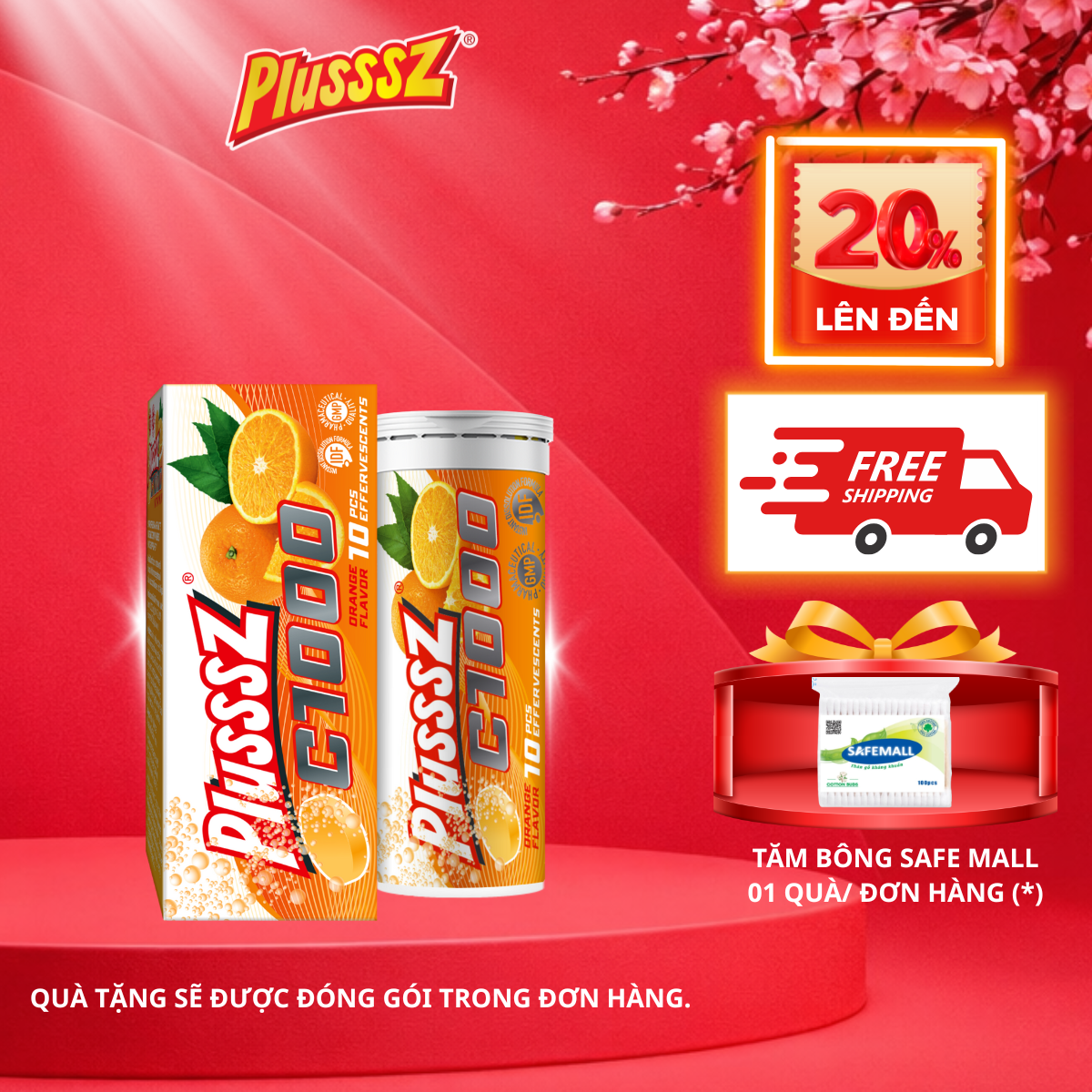 {TUÝP X10 viên sủi 4g} PLUSSSZ C1000 vị cam không đường - Hàng nhập khẩu
