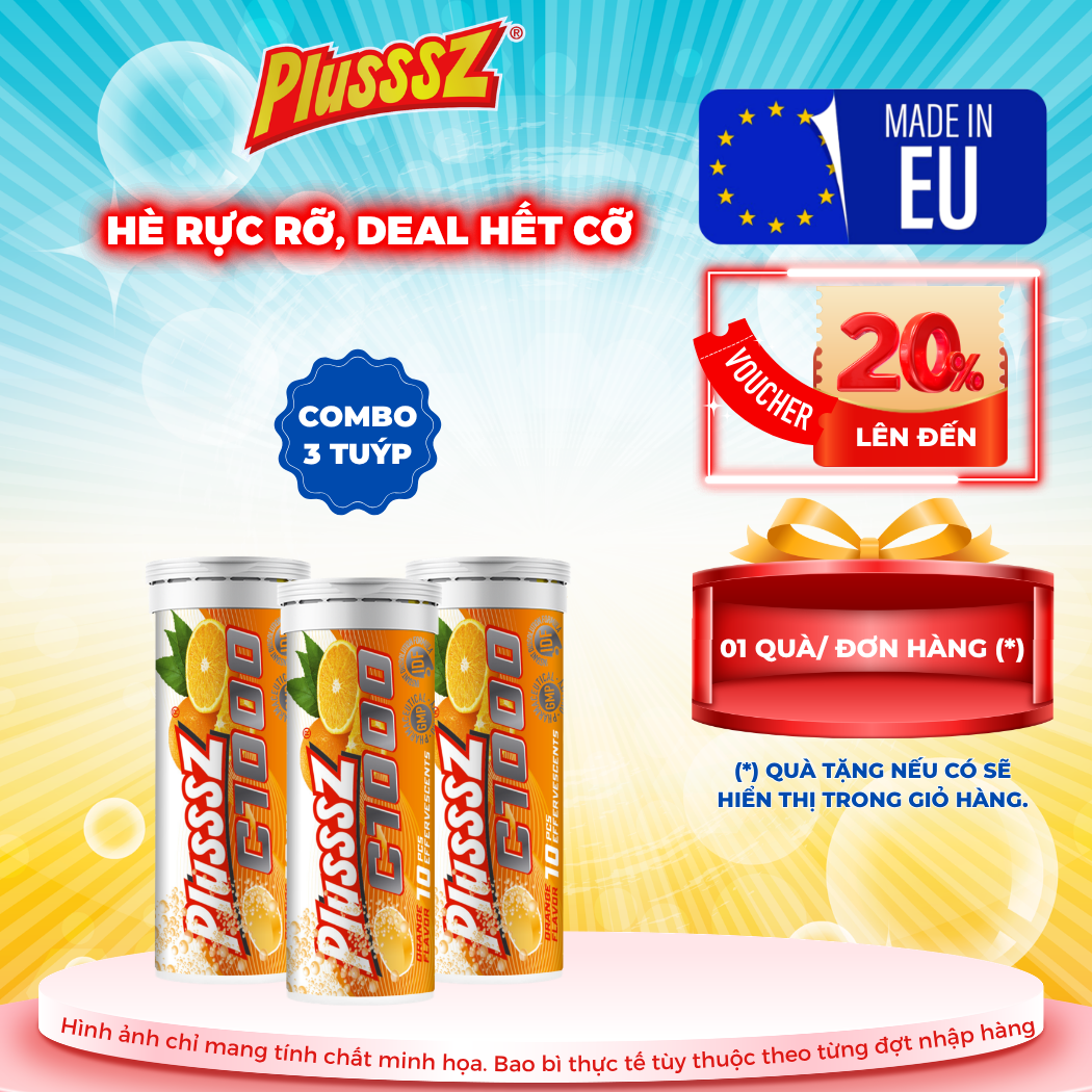 {COMBO 3 TUÝP X10 viên sủi 4g} PLUSSSZ C1000 vị cam không đường - Hàng nhập khẩu