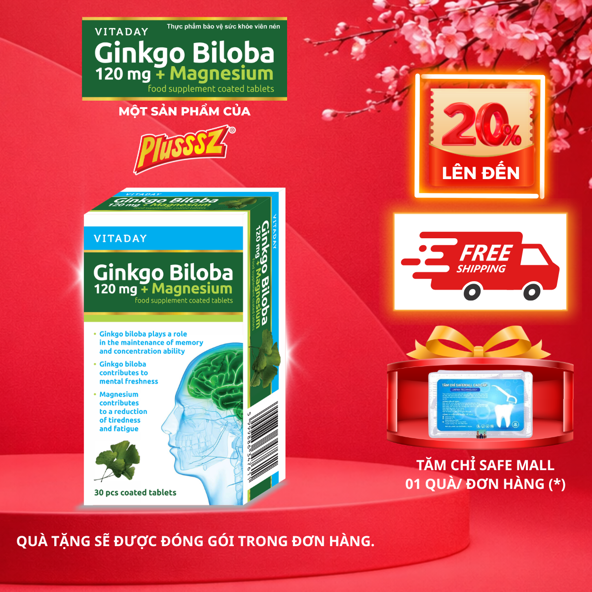 [HỘP 30 VIÊN] Viên uống bổ não Vitaday Ginkgo Biloba 120mg + Magnesium - Nhập Khẩu chính hãng