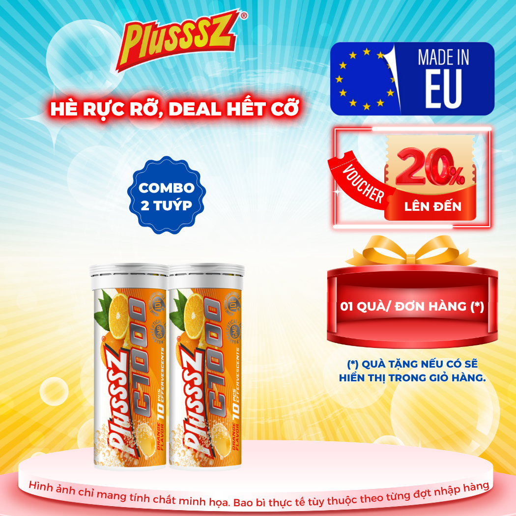 {COMBO 2 TUÝP X10 viên sủi 4g} PLUSSSZ C1000 vị cam không đường - Hàng nhập khẩu