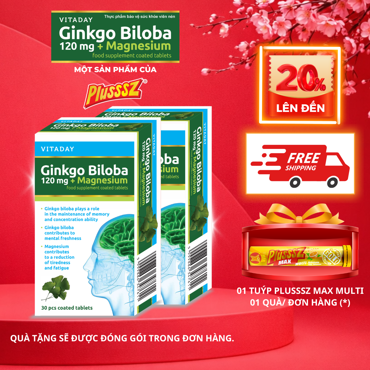 [COMBO 2 HỘP x 30 viên] Viên uống bổ não Vitaday Ginkgo Biloba 120mg + Magnesium - Nhập Khẩu chính hãng