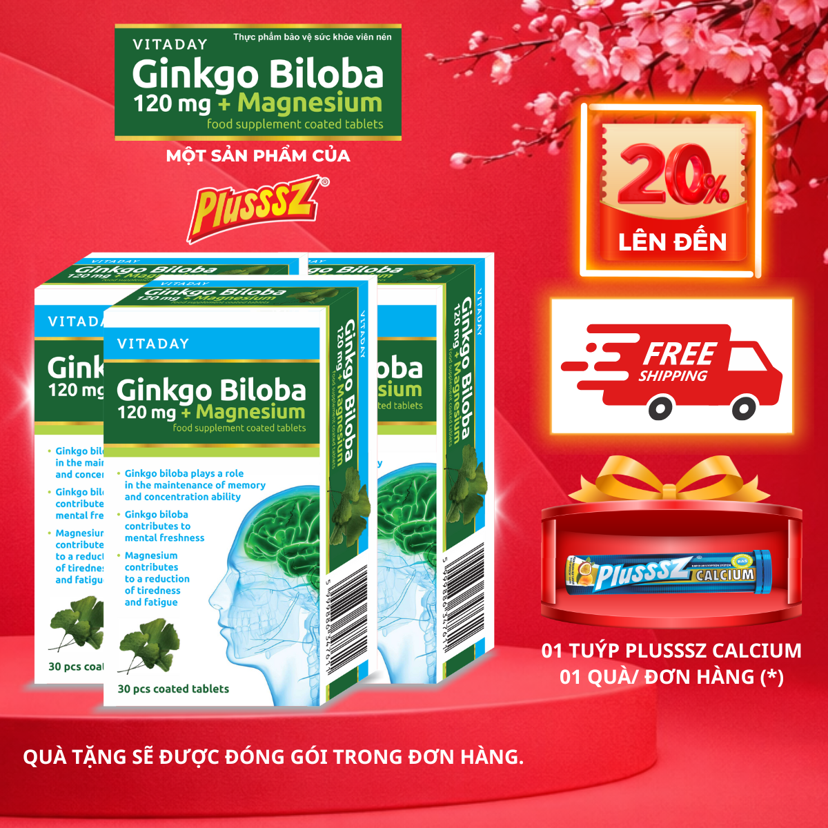 [COMBO 3 HỘP x 30 viên] Viên uống bổ não Vitaday Ginkgo Biloba 120mg + Magnesium - Nhập Khẩu chính hãng