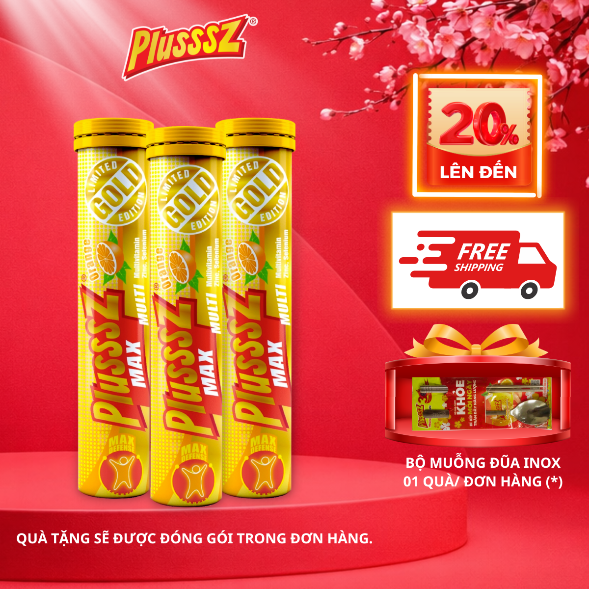 (COMBO 3 TUÝP x 20 Viên sủi) PLUSSSZ MAX MULTIVITAMIN VỊ CAM Không Đường - HÀNG NHẬP KHẨU