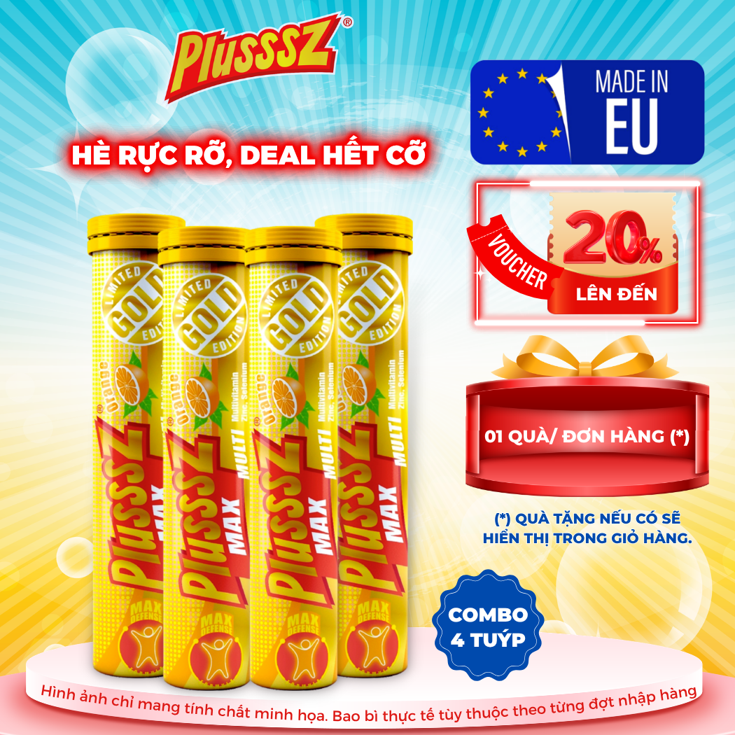 (COMBO 4 TUÝP x 20 Viên sủi) PLUSSSZ MAX MULTIVITAMIN VỊ CAM Không Đường - HÀNG NHẬP KHẨU