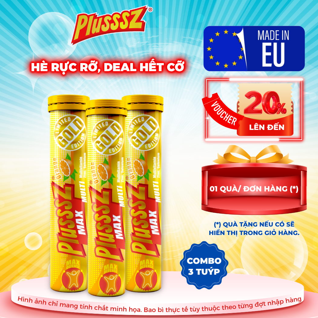 (COMBO 3 TUÝP x 20 Viên sủi) PLUSSSZ MAX MULTIVITAMIN VỊ CAM Không Đường - HÀNG NHẬP KHẨU