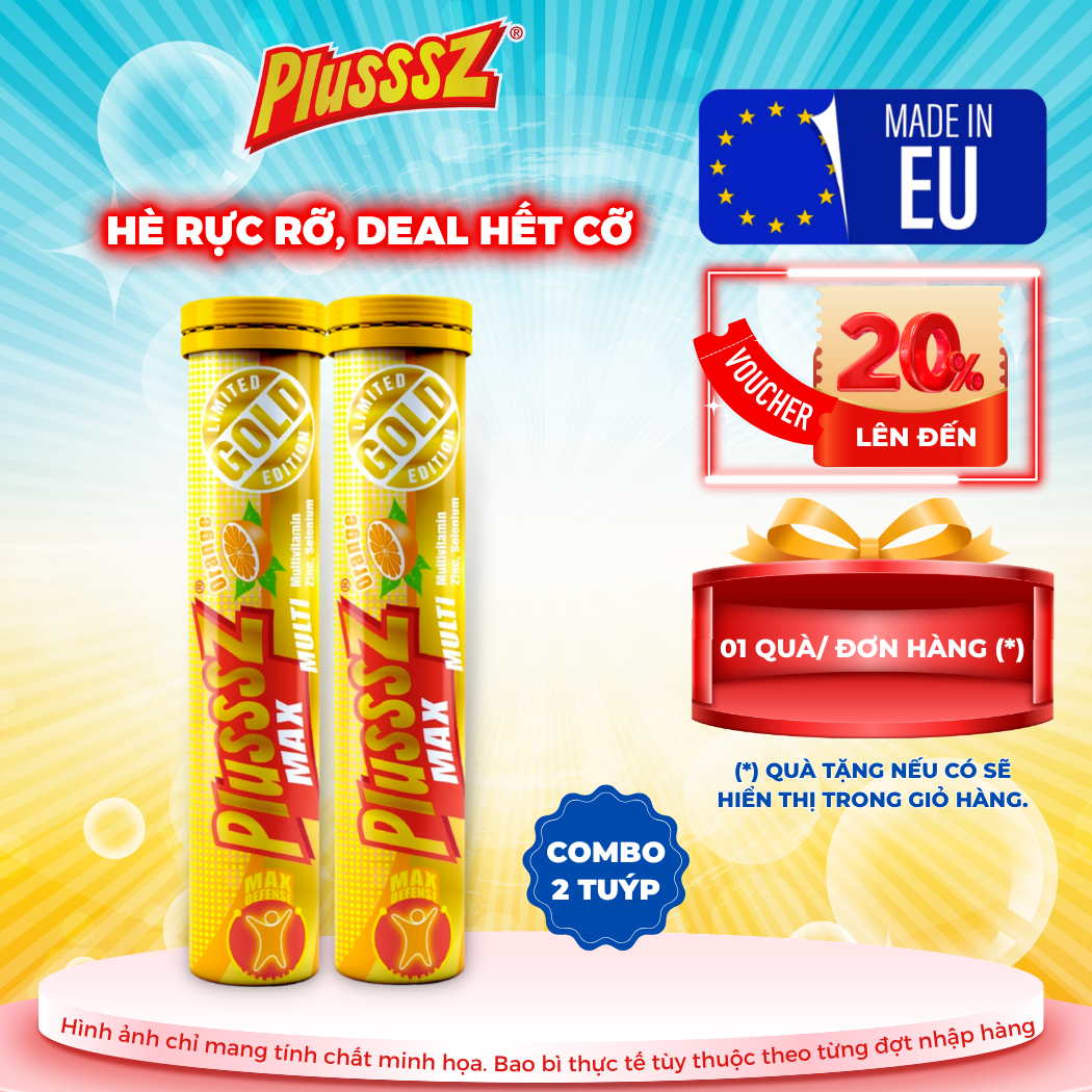 [COMBO 2 TUÝP x 20 VIÊN] Viên Sủi PLUSSSZ MAX MULTIVITAMIN VỊ CAM Không Đường - Hàng nhập khẩu