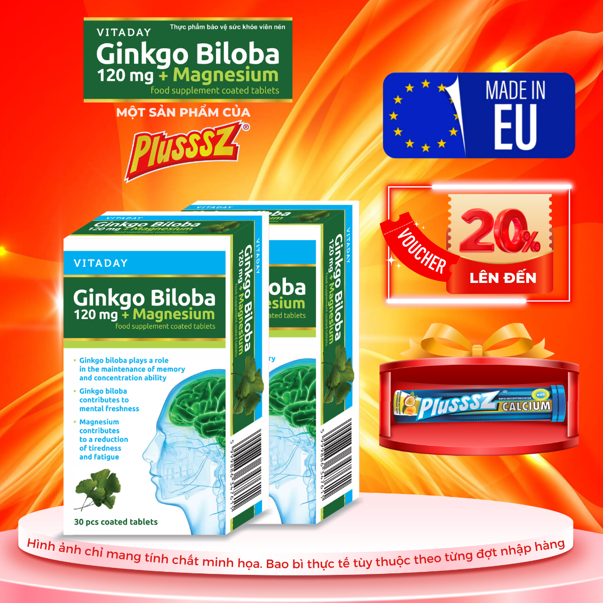 [COMBO 2 HỘP x 30 viên] Viên uống bổ não Vitaday Ginkgo Biloba 120mg + Magnesium - Nhập Khẩu chính hãng