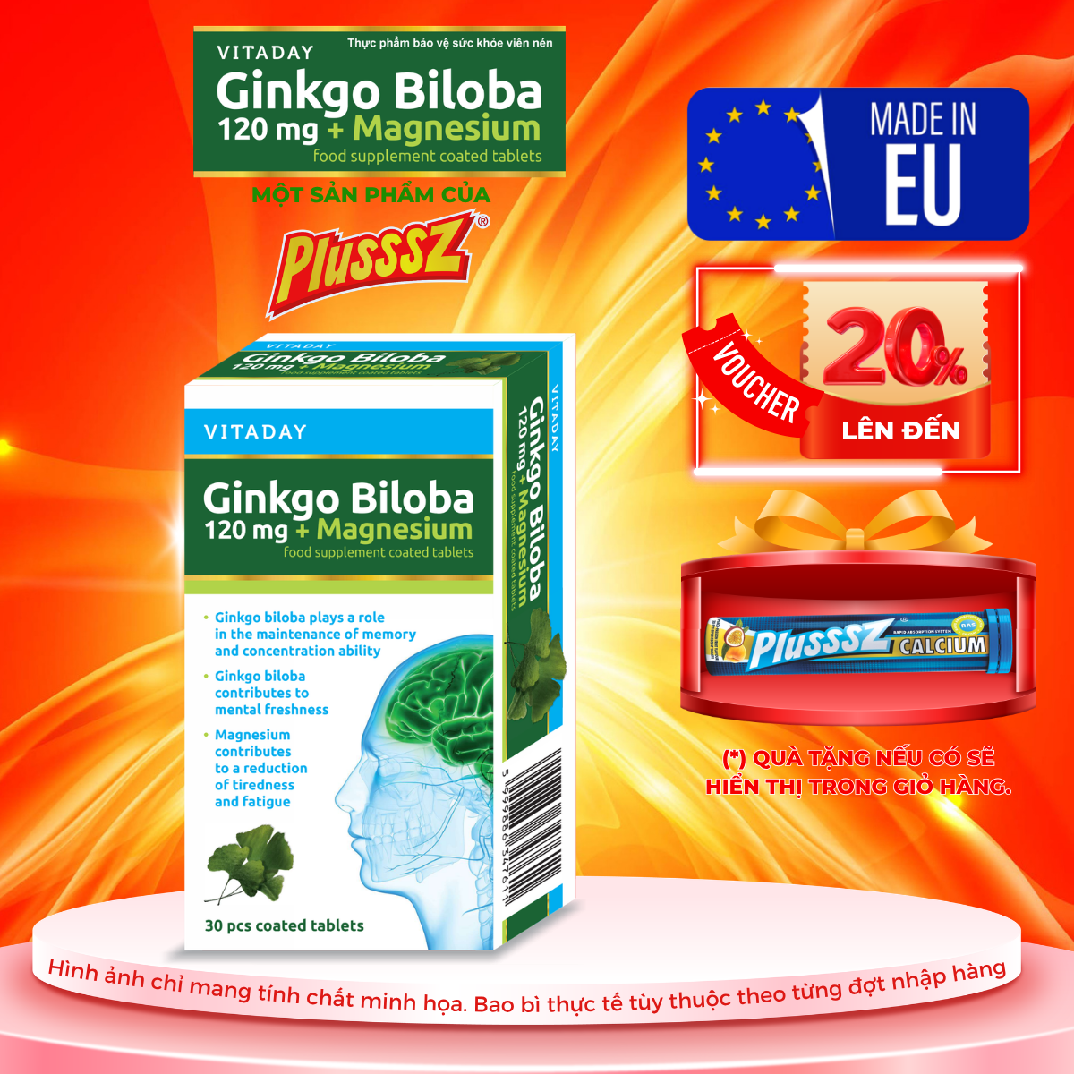 [HỘP 30 VIÊN] Viên uống bổ não Vitaday Ginkgo Biloba 120mg + Magnesium - Nhập Khẩu chính hãng