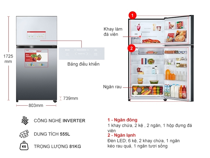 Tủ lạnh Toshiba 555 lít inverter GR-AG58VA (X) Xuất xứ Thái Lan- Hàng chính hãng