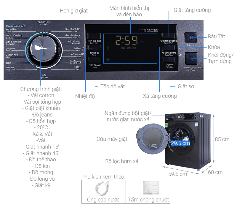 Máy giặt 9.5kg Casper WF-95I140BGB Inverter Xuất xứ Thái Lan