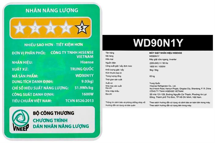Máy giặt sấy Hisense Inverter giặt 9 kg - sấy 6 kg WD90N1Y