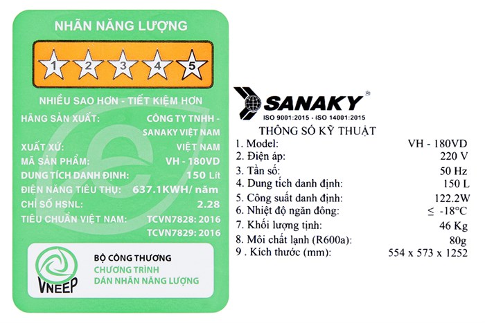 Tủ đông Sanaky 150 lít TD.VH180VD