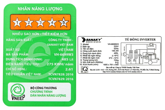 Tủ đông Sanaky Inverter 485 lít VH-6699W3 , 2 cửa , 1 ngăn đông, 1 ngăn mát