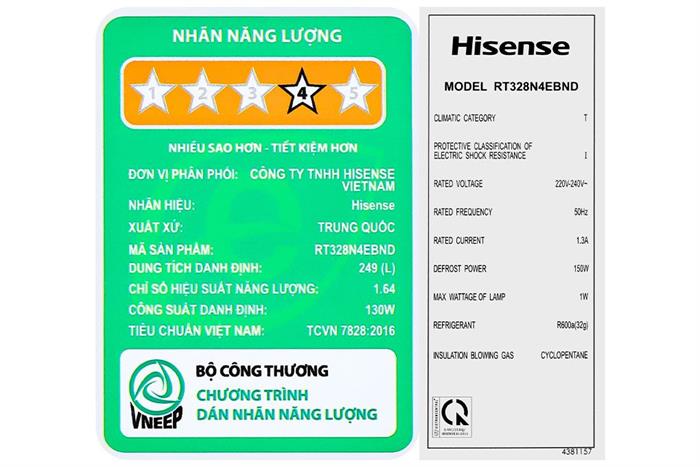 Tủ lạnh Hisense Inverter 249 lít RT328N4EBND