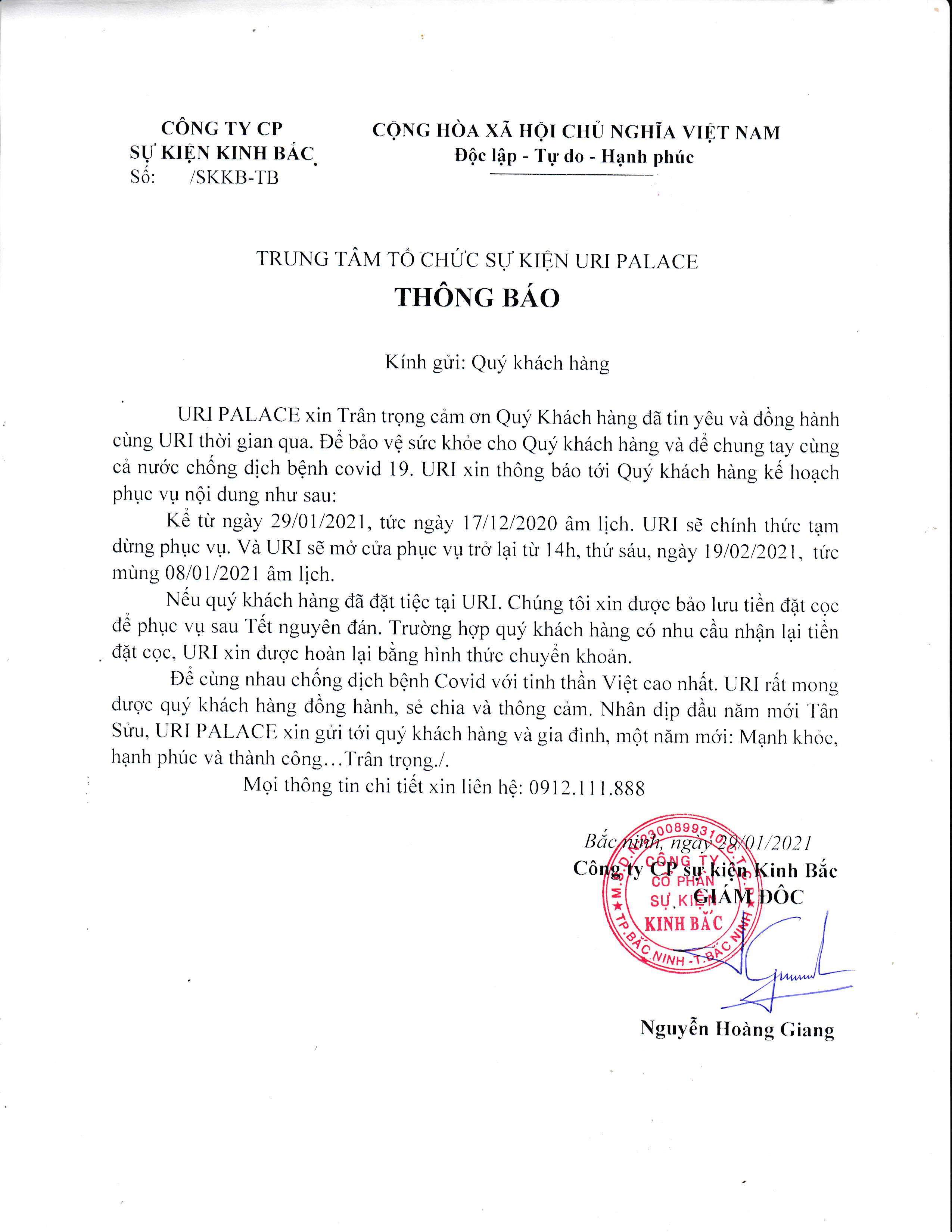Uri Palace Thông Báo tới toàn thể Quý khách hàng