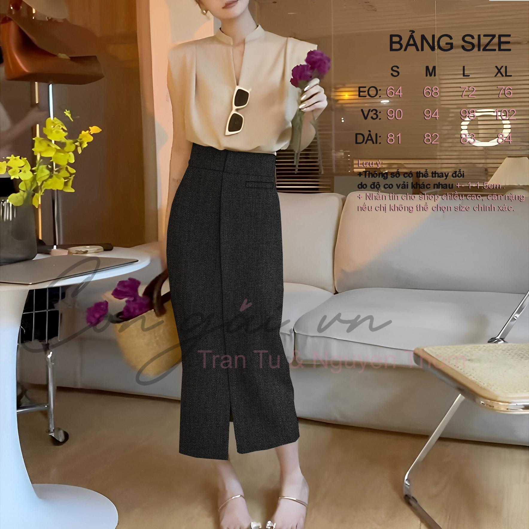 Chân váy dáng dài phối nẹp giữa Congaivn CV09 vải dày co giãn, mát 2 màu den , ghi xước