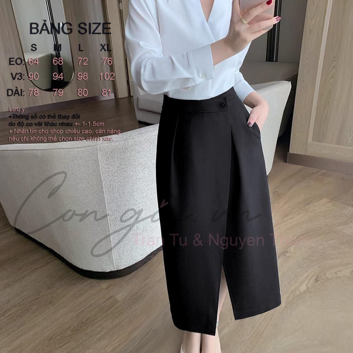 Chân váy thiết kế dáng dài, xếp tà trước Congaivn CV11 vải Kate dày, co giãn, 1 lớp,màu ĐEN