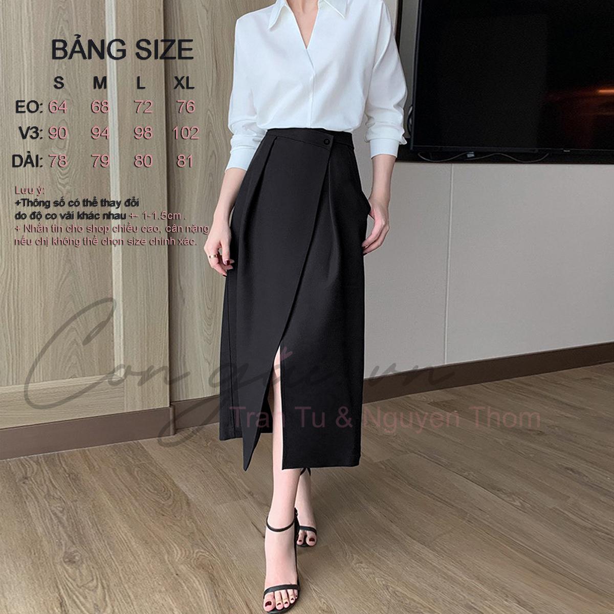 Chân váy thiết kế dáng dài, xếp tà trước Congaivn CV11 vải Kate dày, co giãn, 1 lớp,màu ĐEN