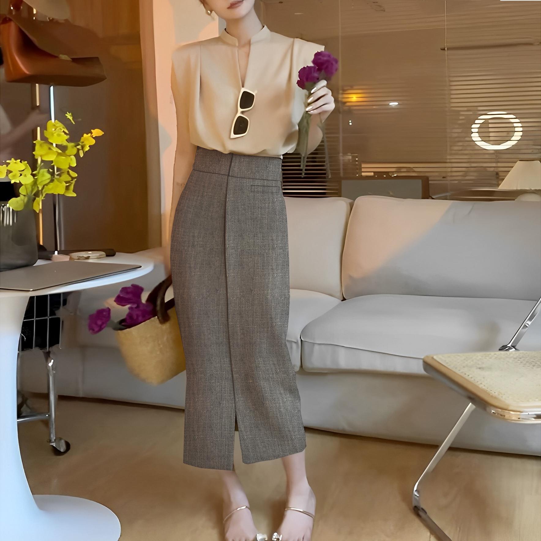 Chân váy dáng dài phối nẹp giữa Congaivn CV09 vải dày co giãn, mát 2 màu den , ghi xước