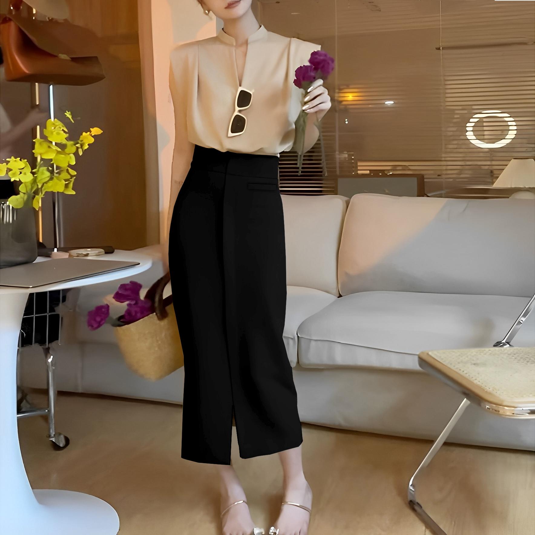 Chân váy dáng dài phối nẹp giữa Congaivn CV09 vải dày co giãn, mát 2 màu den , ghi xước