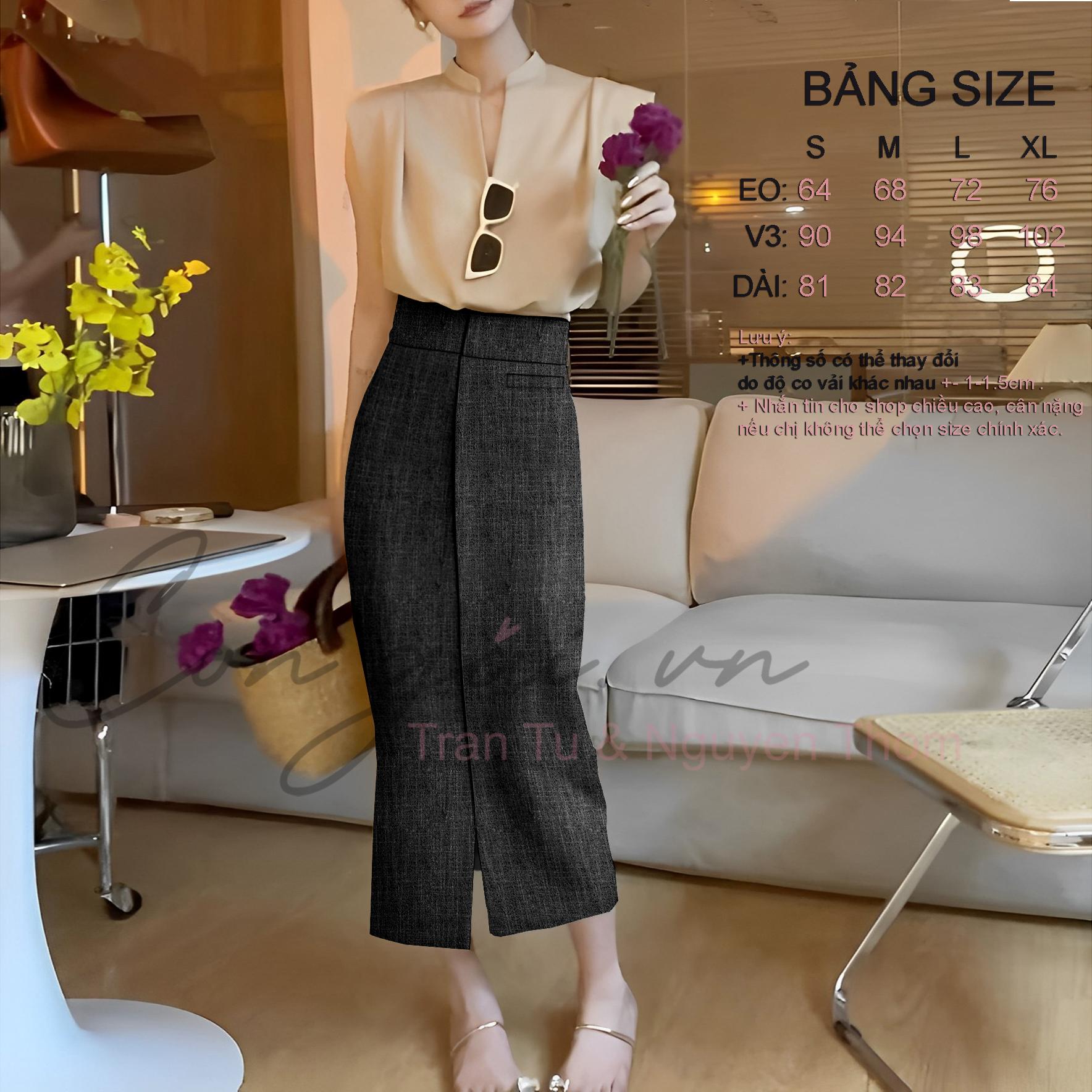 Chân váy dáng dài phối nẹp giữa Congaivn CV09 vải dày co giãn, mát 2 màu den , ghi xước