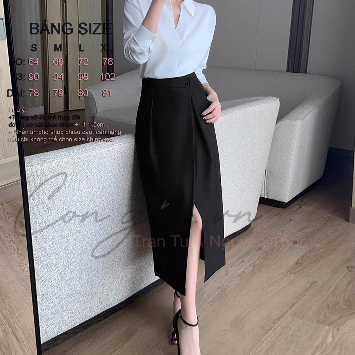 Chân váy thiết kế dáng dài, xếp tà trước Congaivn CV11 vải Kate dày, co giãn, 1 lớp,màu ĐEN