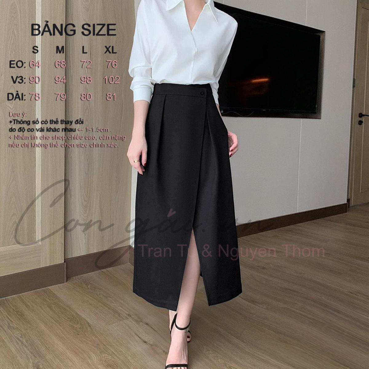Chân váy thiết kế dáng dài, xếp tà trước Congaivn CV11 vải Kate dày, co giãn, 1 lớp,màu ĐEN