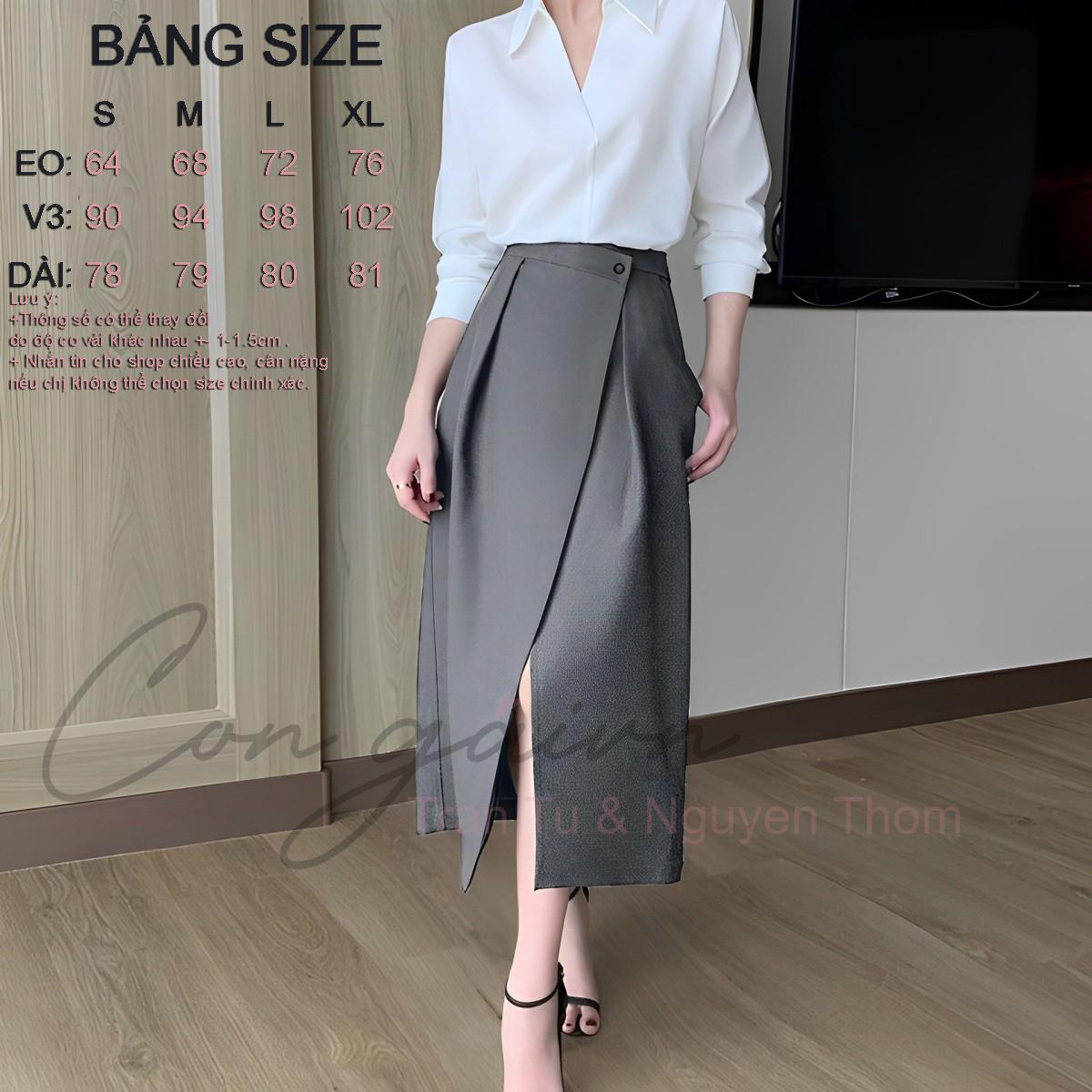 Chân váy thiết kế dáng dài, xếp tà trước Congaivn CV11 vải Kate dày, co giãn, 1 lớp,màu ĐEN