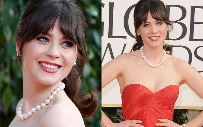 Kiểu tóc cổ điển của Zooey Deschanel ăn ý với vòng ngọc trai nhỏ nhắn ở cổ.