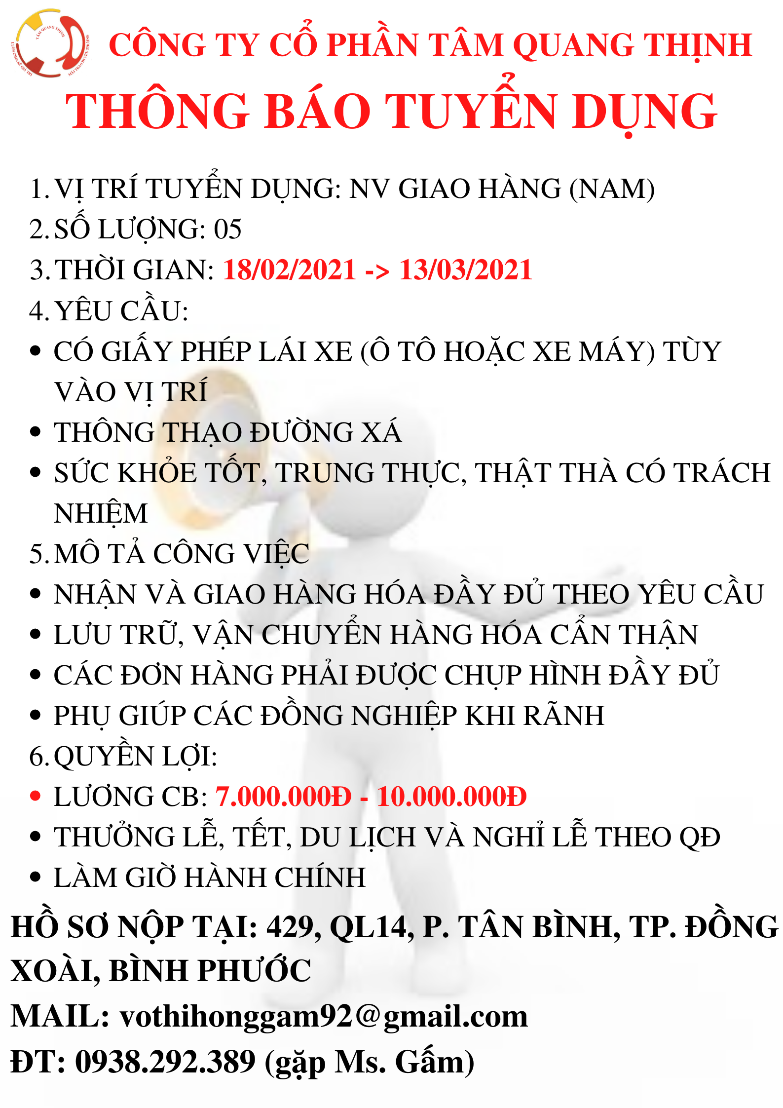 THÔNG BÁO TUYỂN DỤNG NHÂN VIÊN GIAO HÀNG