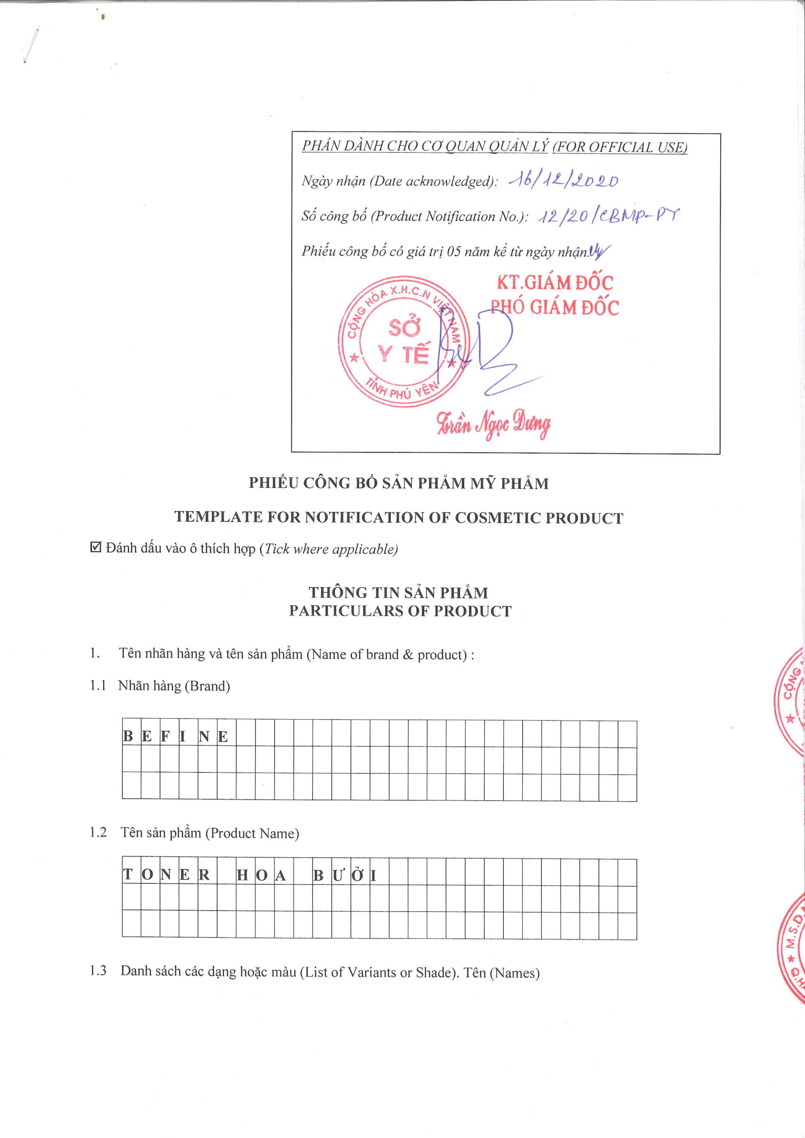 bản công bố tiêu chuẩn mỹ phẩm nước hoa bưởi - toner hoa bưởi Befine
