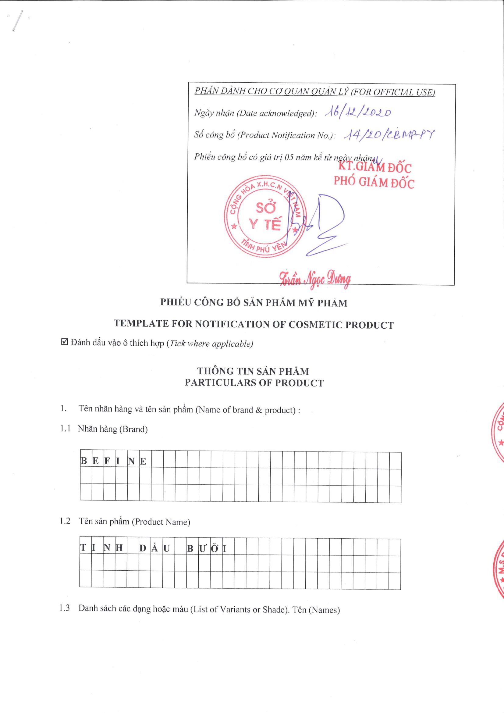 Bản công bố tiêu chuẩn mỹ phẩm của tinh dầu bưởi Befine