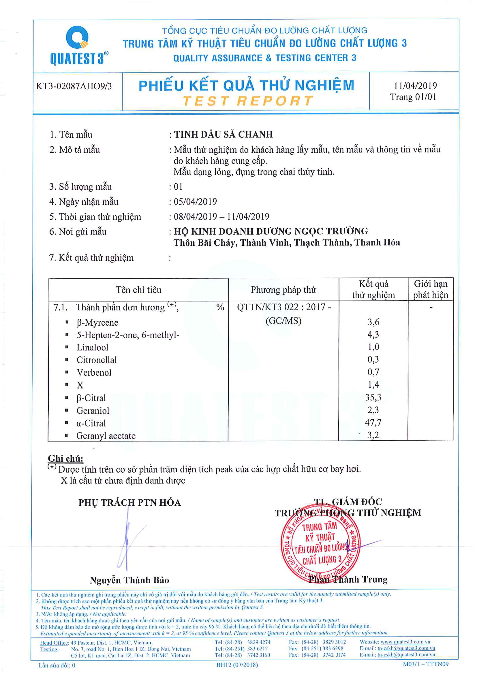 Bản kiểm nghiệm các thành phần trong tinh dầu sả chanh Befine