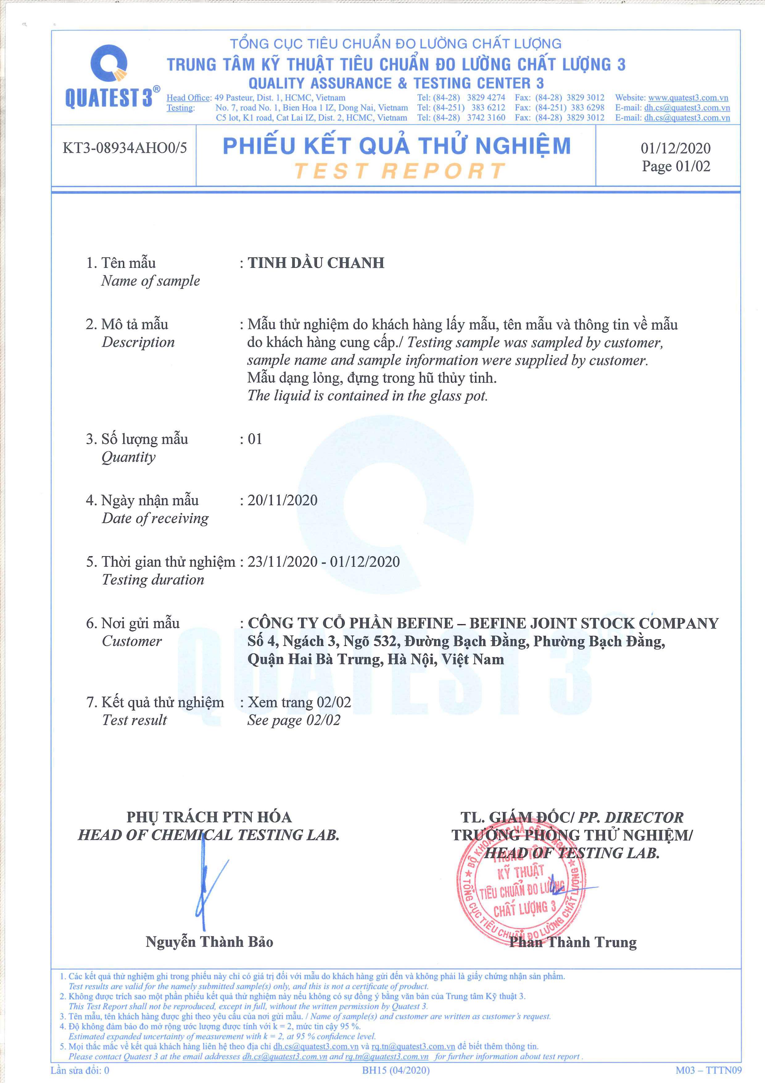 Bản kiểm nghiệm GCMS tinh dầu chanh Befine