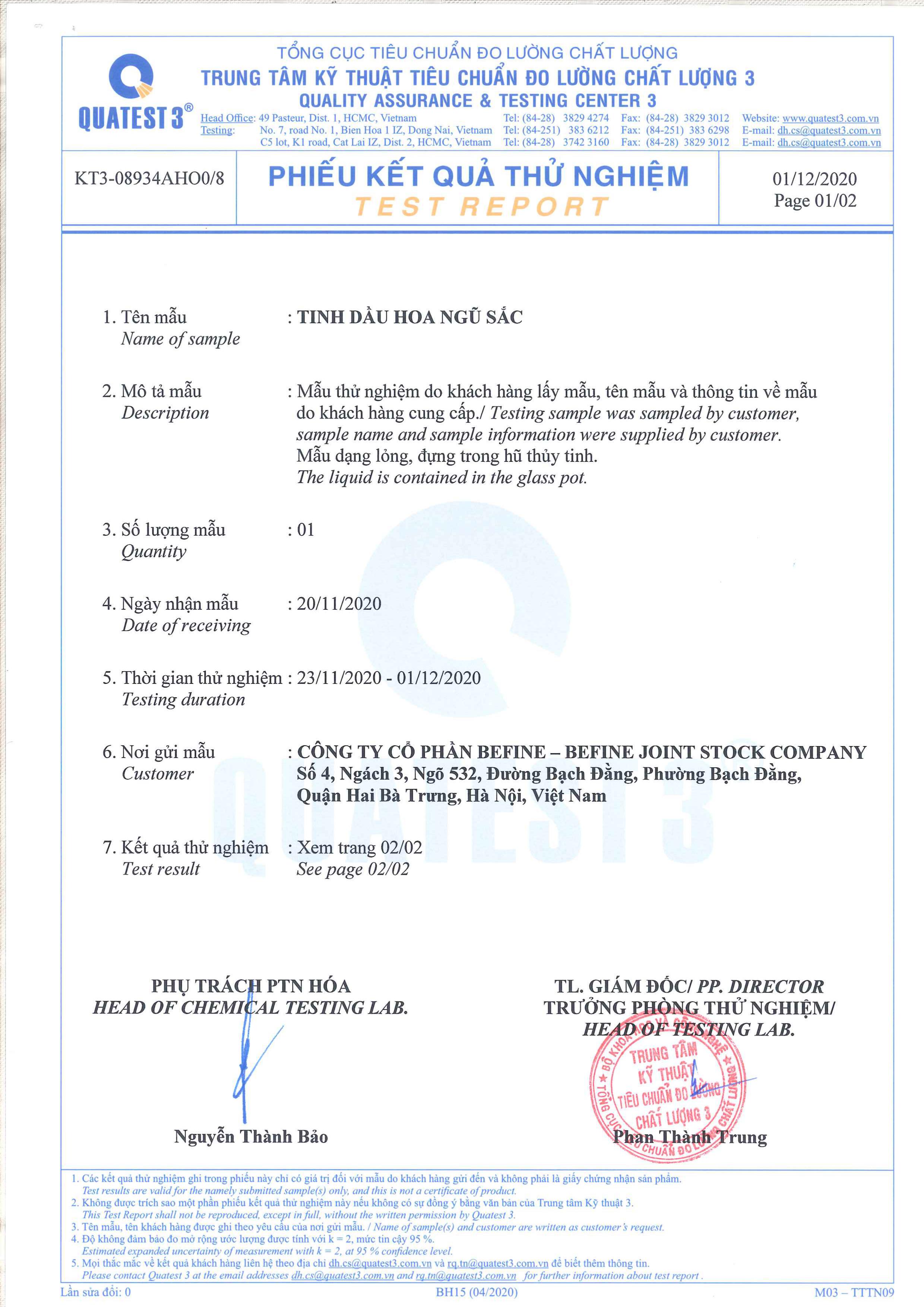 Bản kiểm nghiệm GCMS tinh dầu hoa ngũ sắc Befine 1