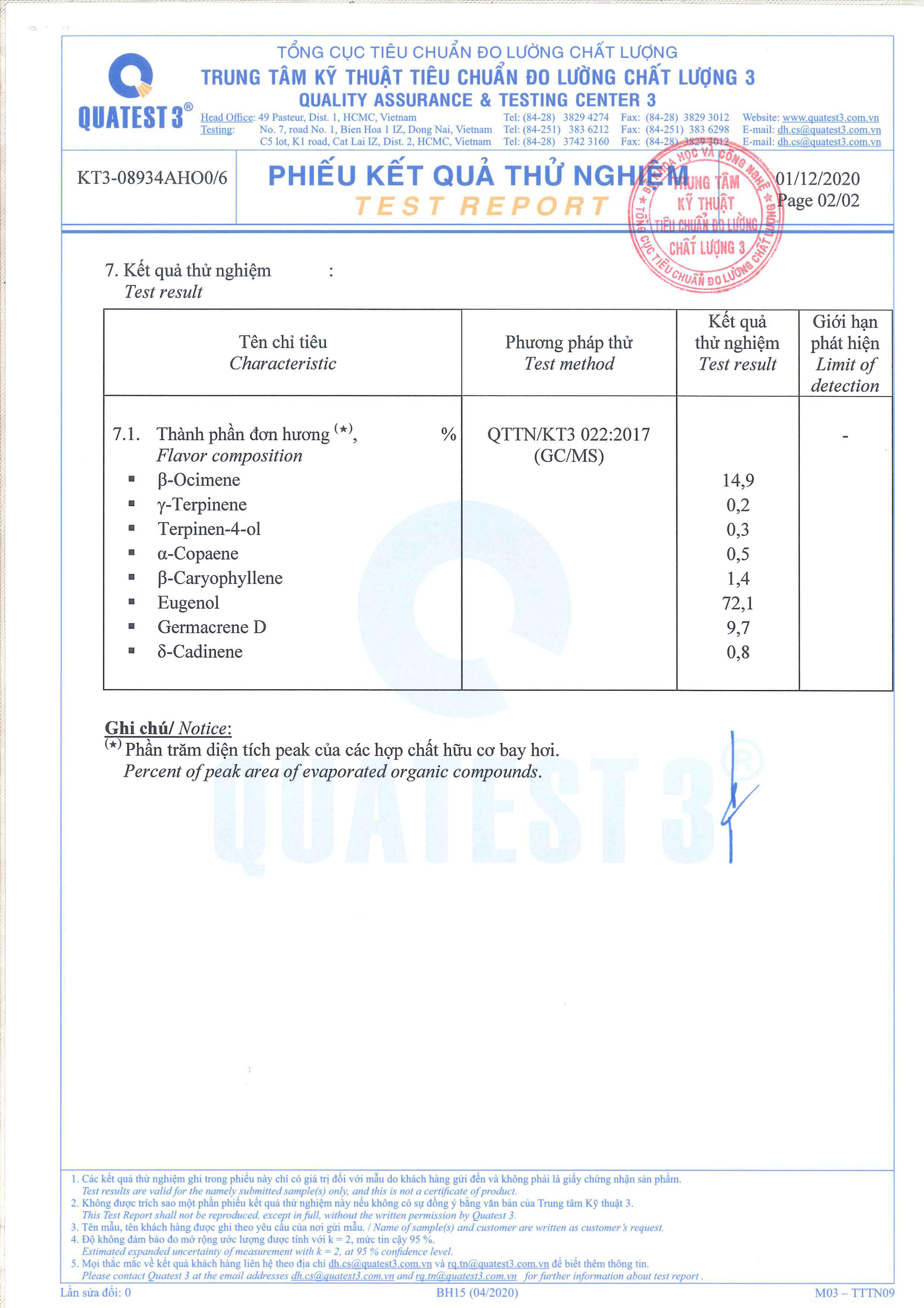 Bản kiểm nghiệm GCMS tinh dầu hương nhu Befine 2