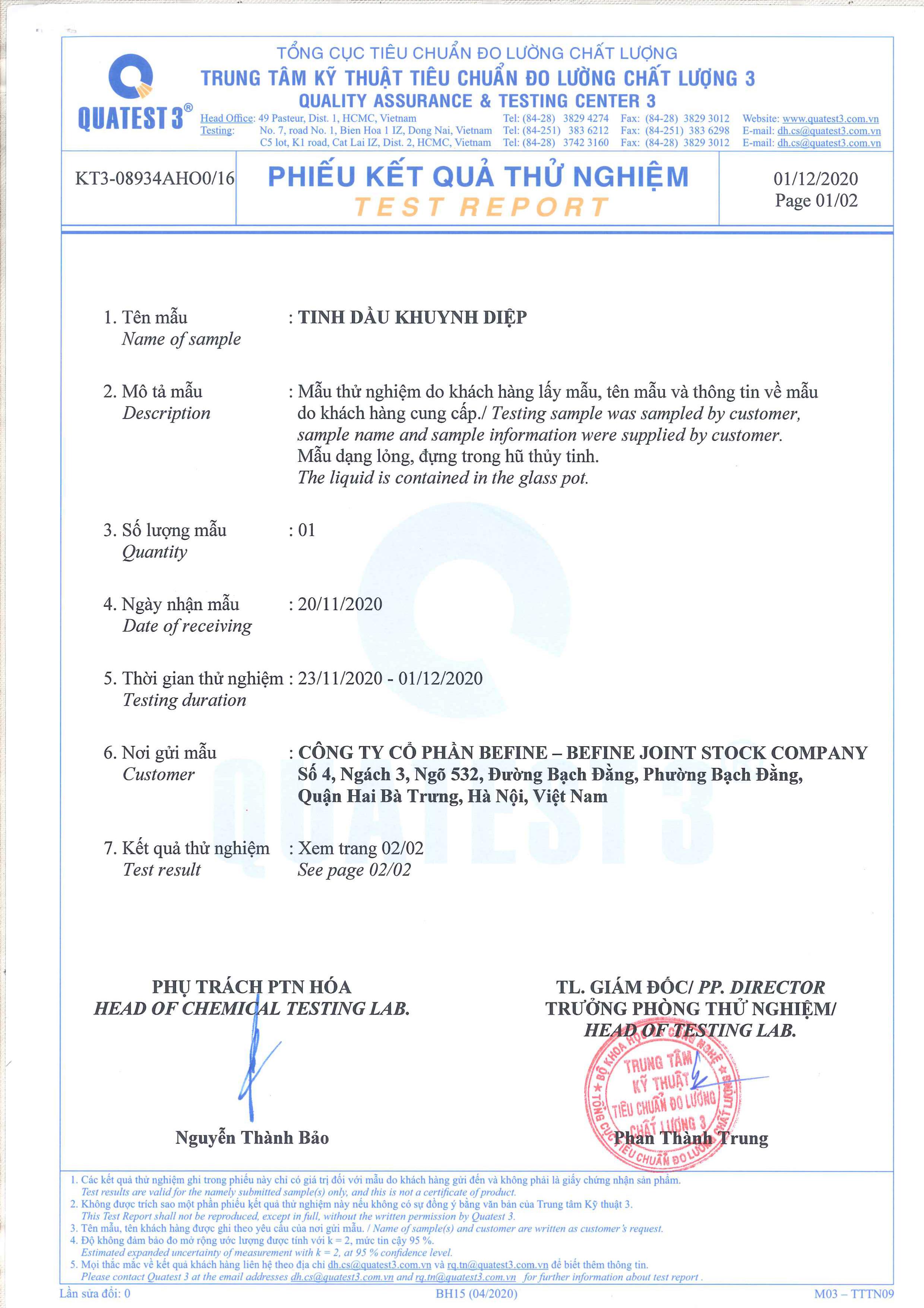 Bản kiểm nghiệm GCMS tinh dầu khuynh diệp Befine 1