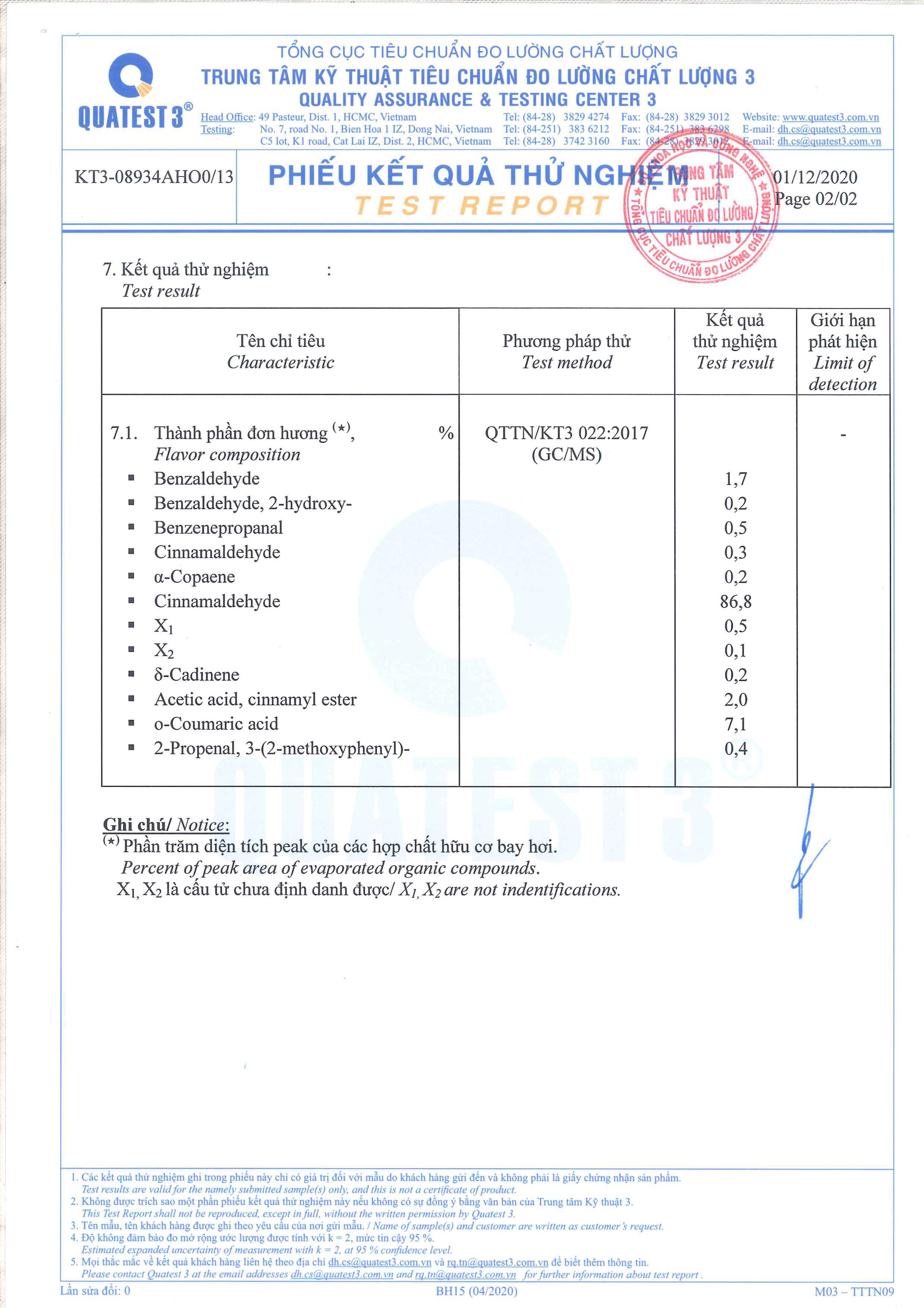 Bản kiểm nghiệm GCMS tinh dầu quế treo xe ô tô Befine 2