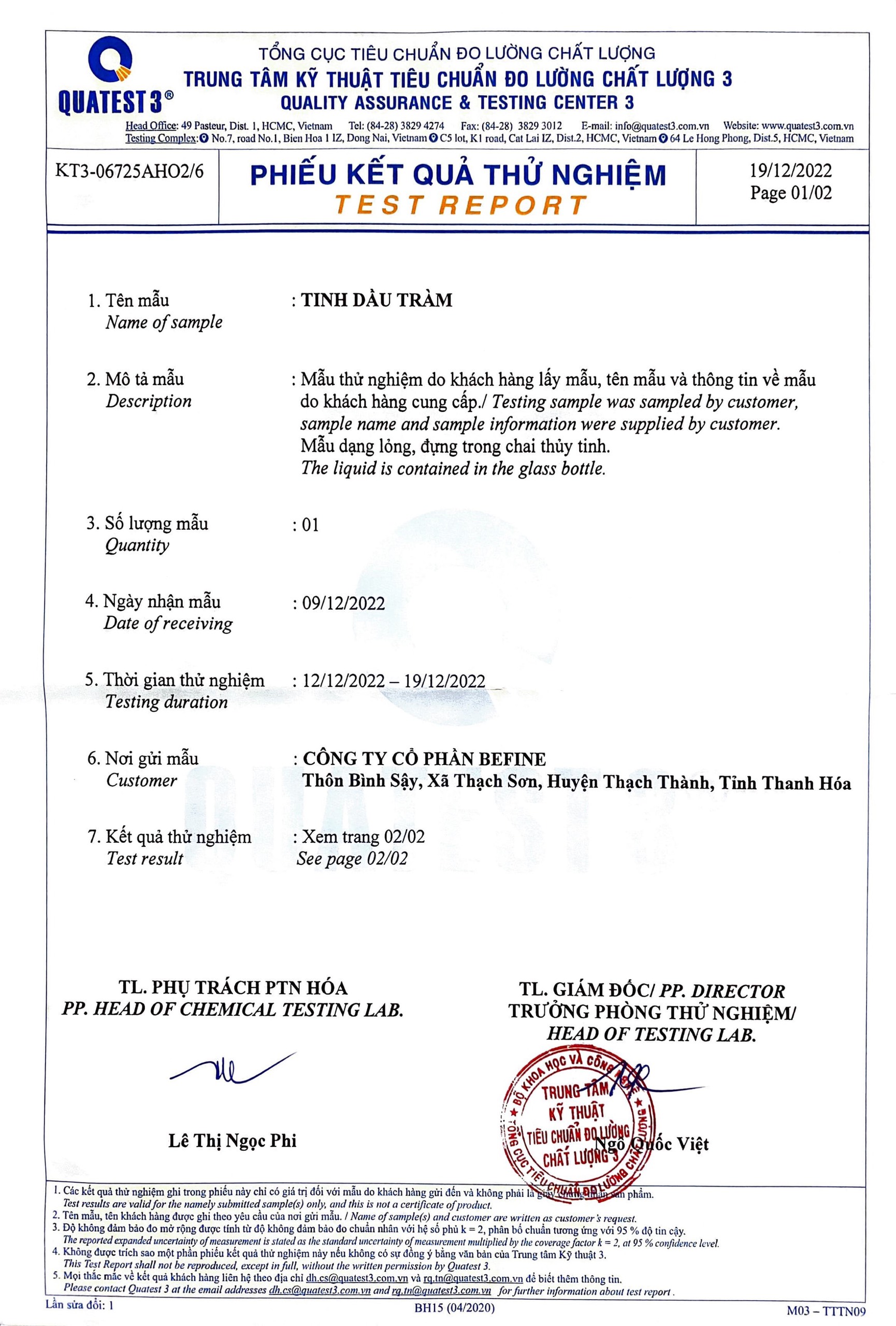 Bản kiểm nghiệm GCMS tinh dầu tràm gió Befine 1