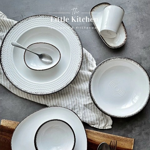 Bộ bát đĩa gia đình cao cấp màu trắng viền nâu men bóng