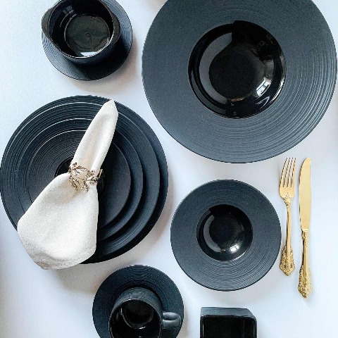 Bộ bát đĩa cao cấp màu đen họa tiết viền gân