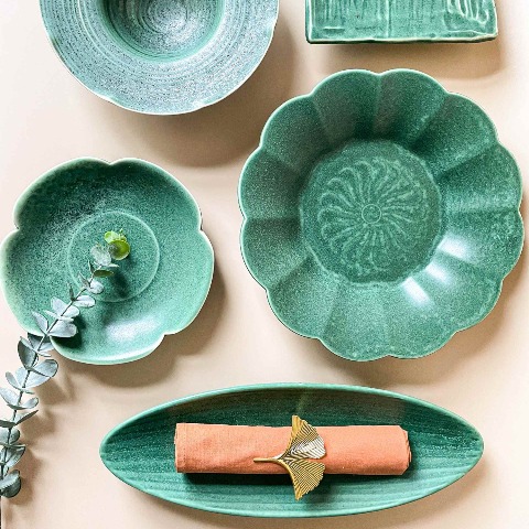 Bộ bát đĩa cao cấp phong cách Á màu lục men lì