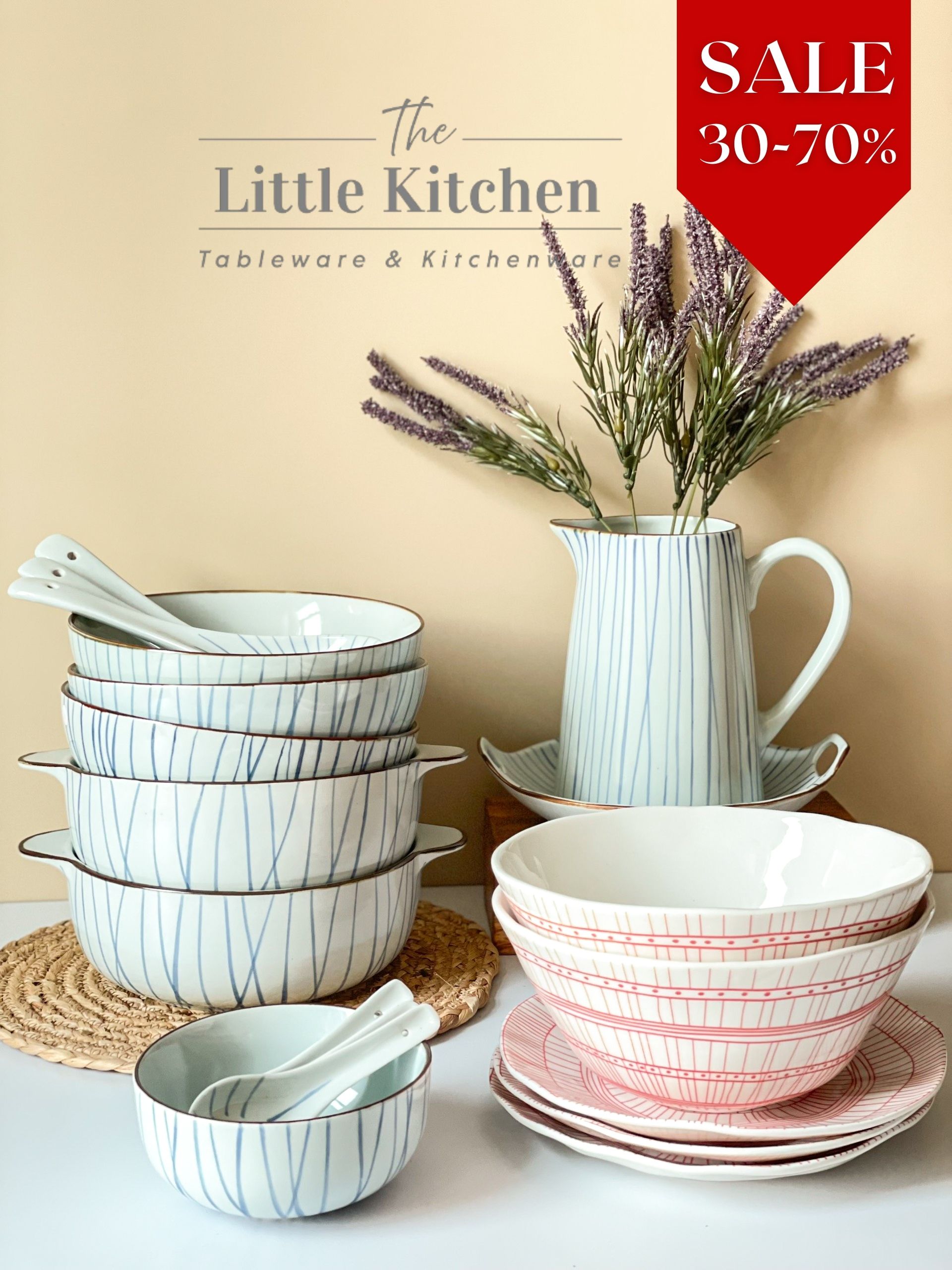 Sale bộ bát đĩa sọc xanh đỏ