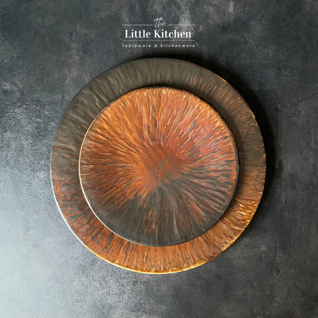 Bộ bát đĩa cao cấp màu nâu họa tiết tia cam