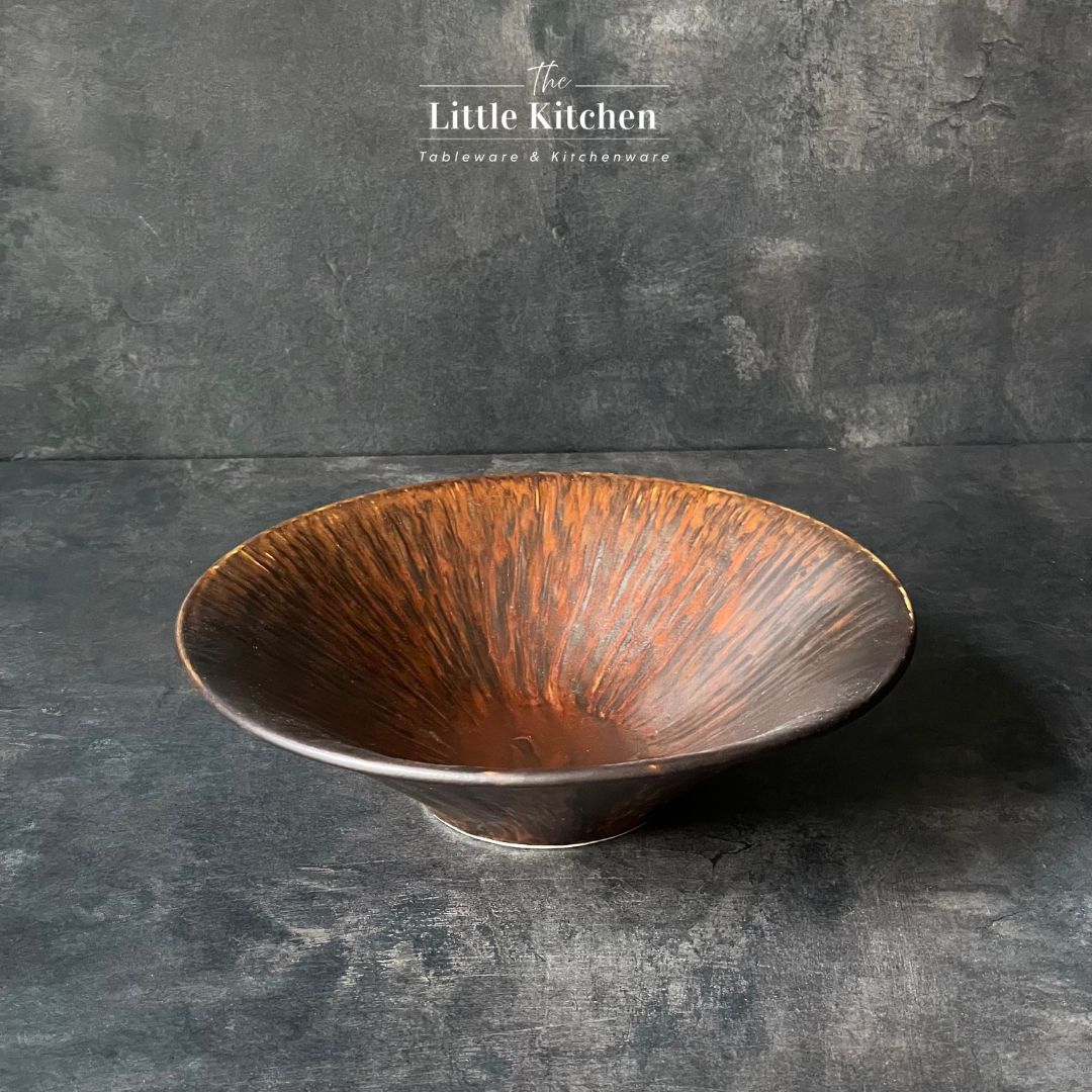 Bộ bát đĩa cao cấp màu nâu họa tiết tia cam