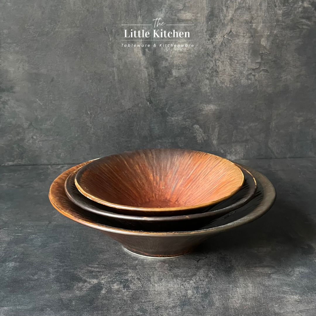 Bộ bát đĩa cao cấp màu nâu họa tiết tia cam