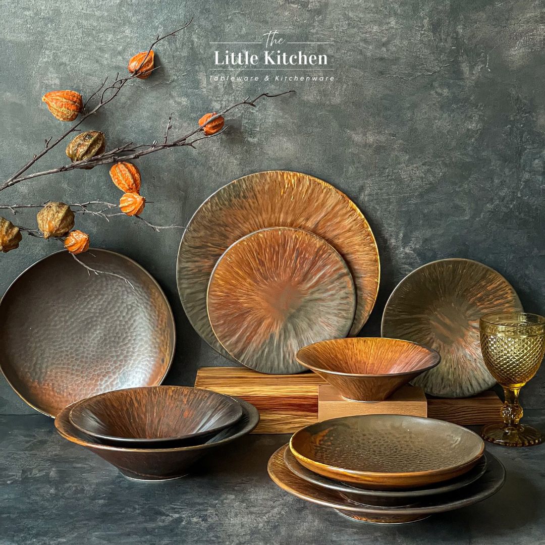 Bộ bát đĩa cao cấp màu nâu họa tiết tia cam