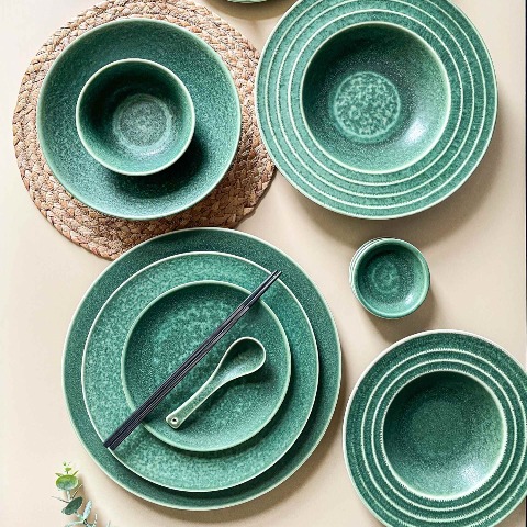 Bộ bát đĩa cao cấp phong cách Á màu lục men lì