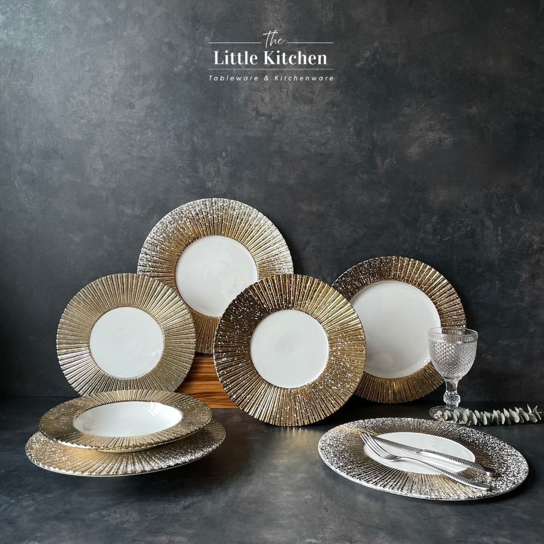 Bộ đĩa cao cấp màu trắng nhũ vàng họa tiết nan quạt